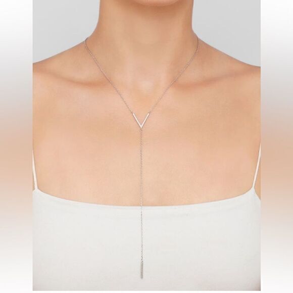 Sterling Silver Swarovski‎ Crystal Accented V Necklace NWOT - Picture 2 of 5